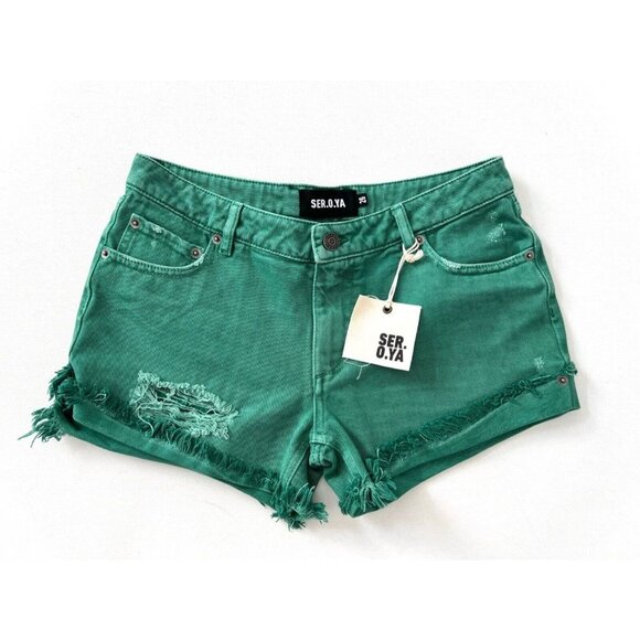 SER.O.YA Lex Distress Jean Shorts Vintage Jade Green - Picture 4 of 5